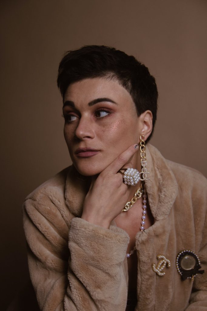 wearing diamond brooch