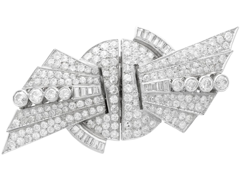 Art Deco diamond and platinum duette double clip brooch 