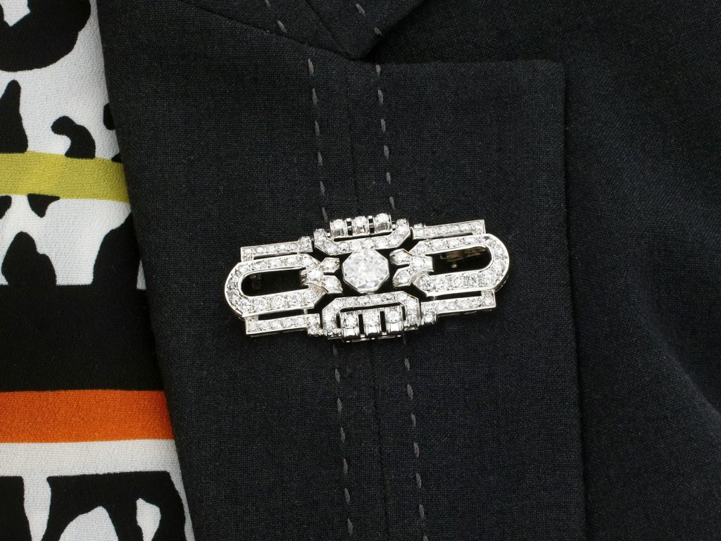 diamond and platinum Art Deco brooch being worn 