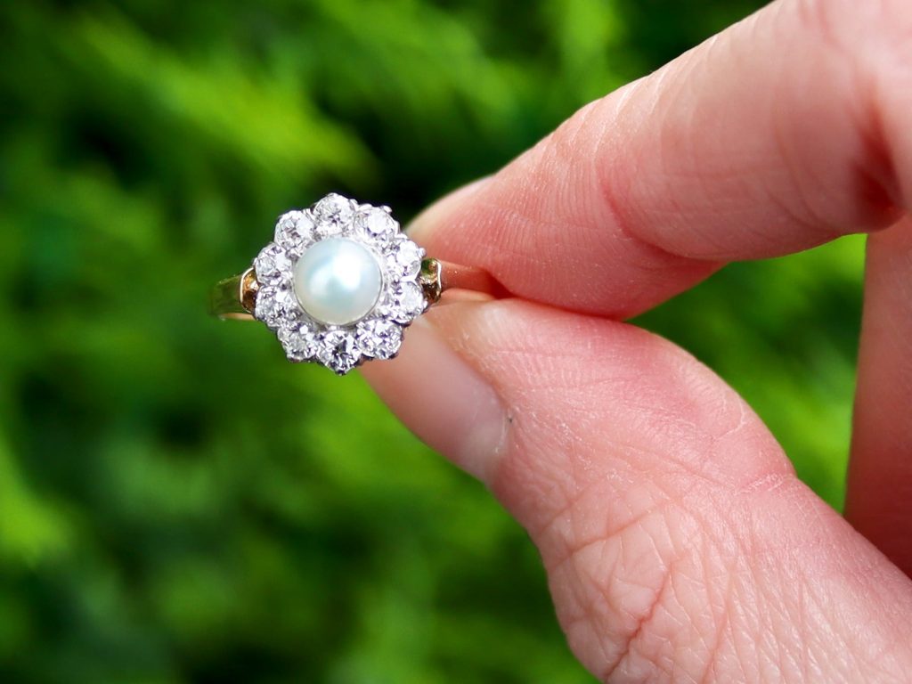 pearl and diamond cluster ring