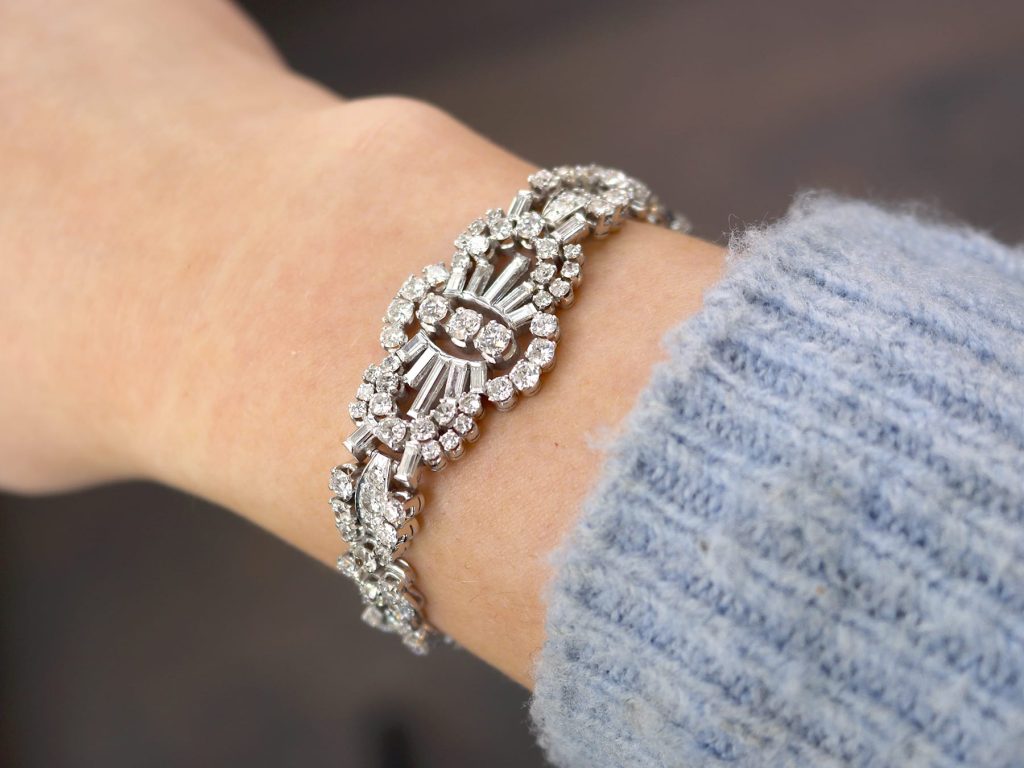 Diamond and platinum Art Deco bracelet on wrist 