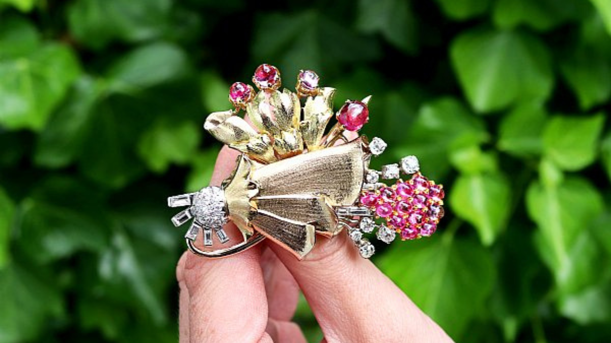 pink sapphire tourmaline flower brooch