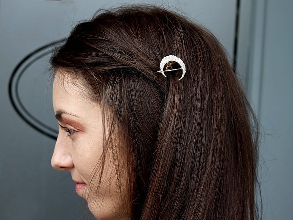 diamond crescent brooch in hair 