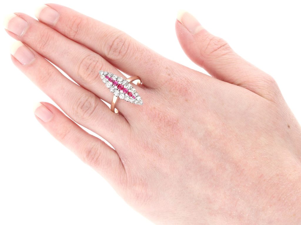 Victorian ruby and diamond ring on finger