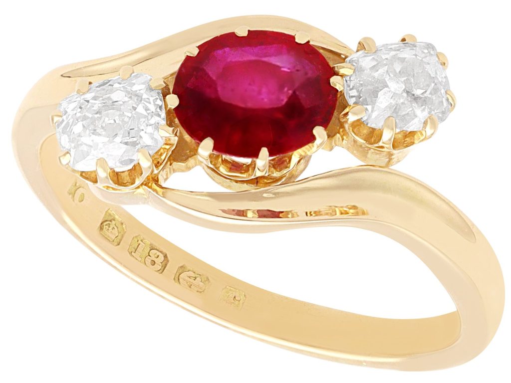 Edwardian ruby diamond trilogy ring with hallmarks 