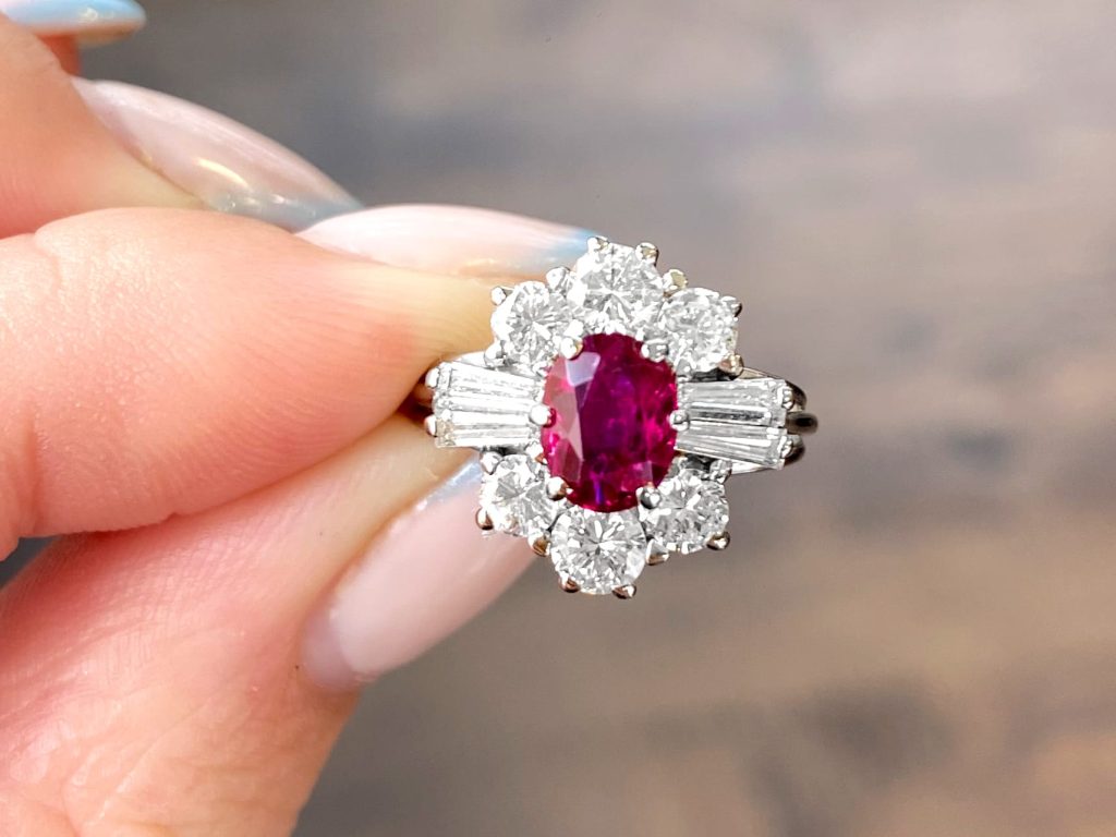 Floral ruby and diamond cluster ring 