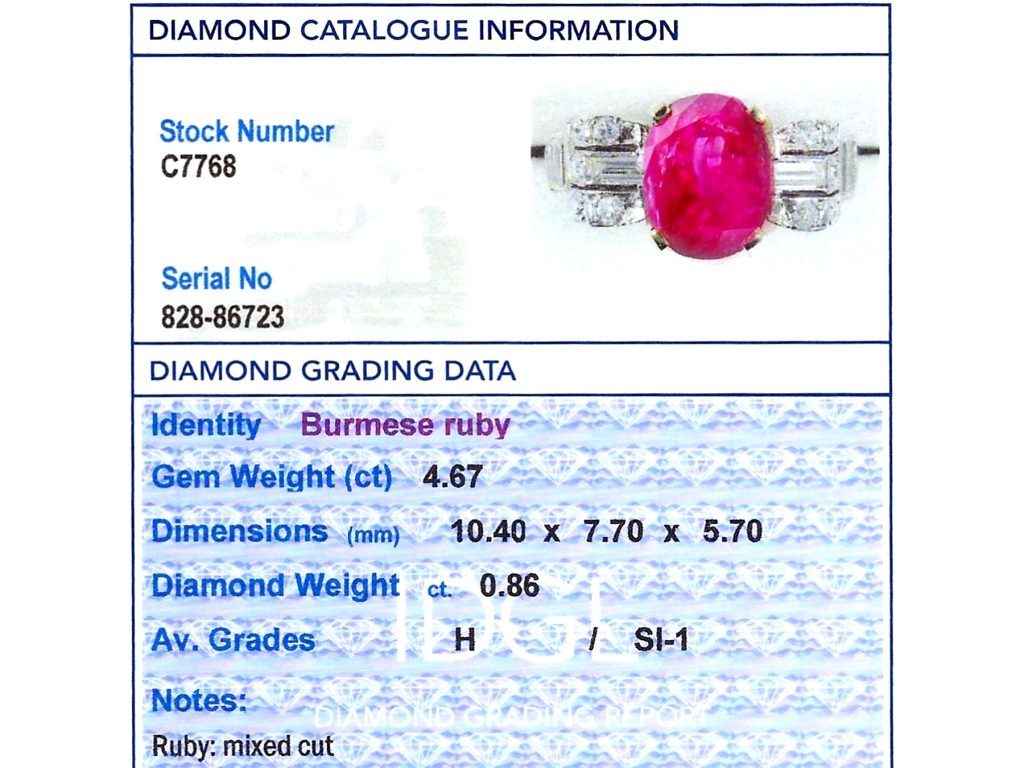 Burmese ruby and diamond ring certificate 