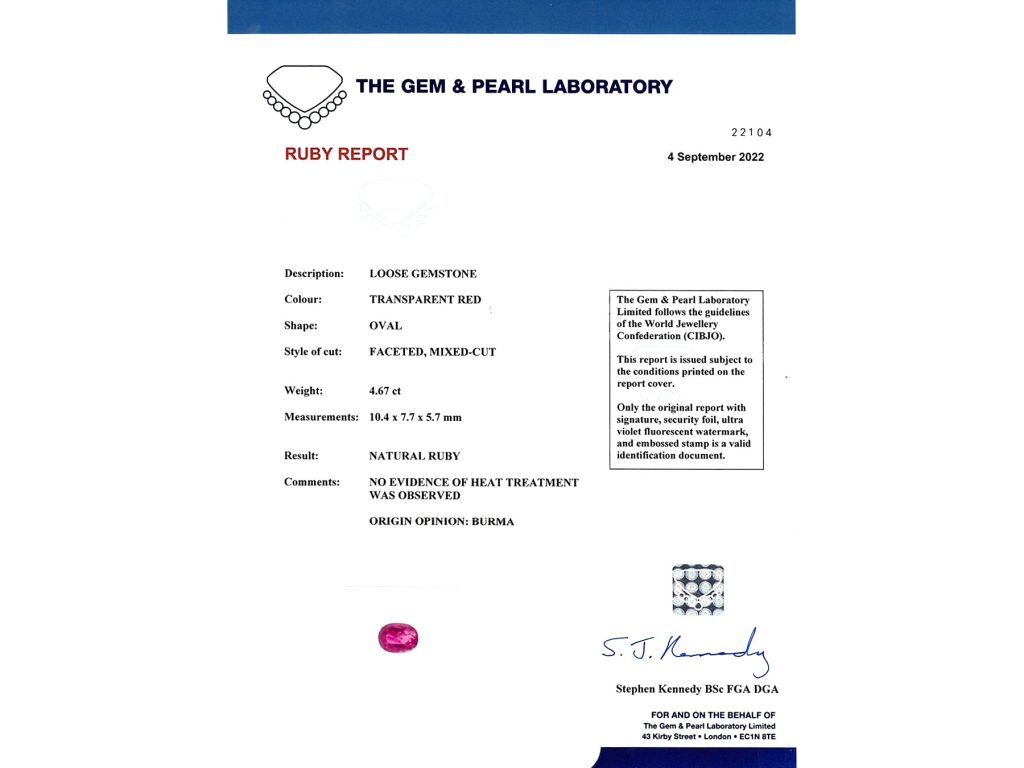 Burmese ruby and diamond ring certificate 