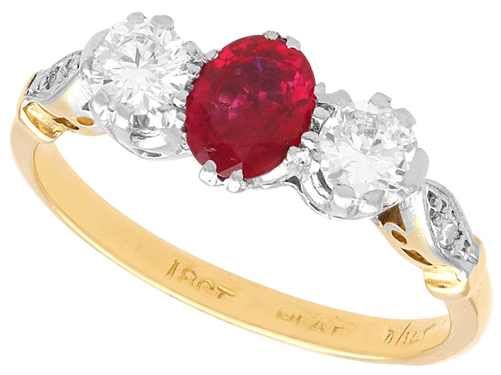 ruby and diamond three stone ring with hallmarks 