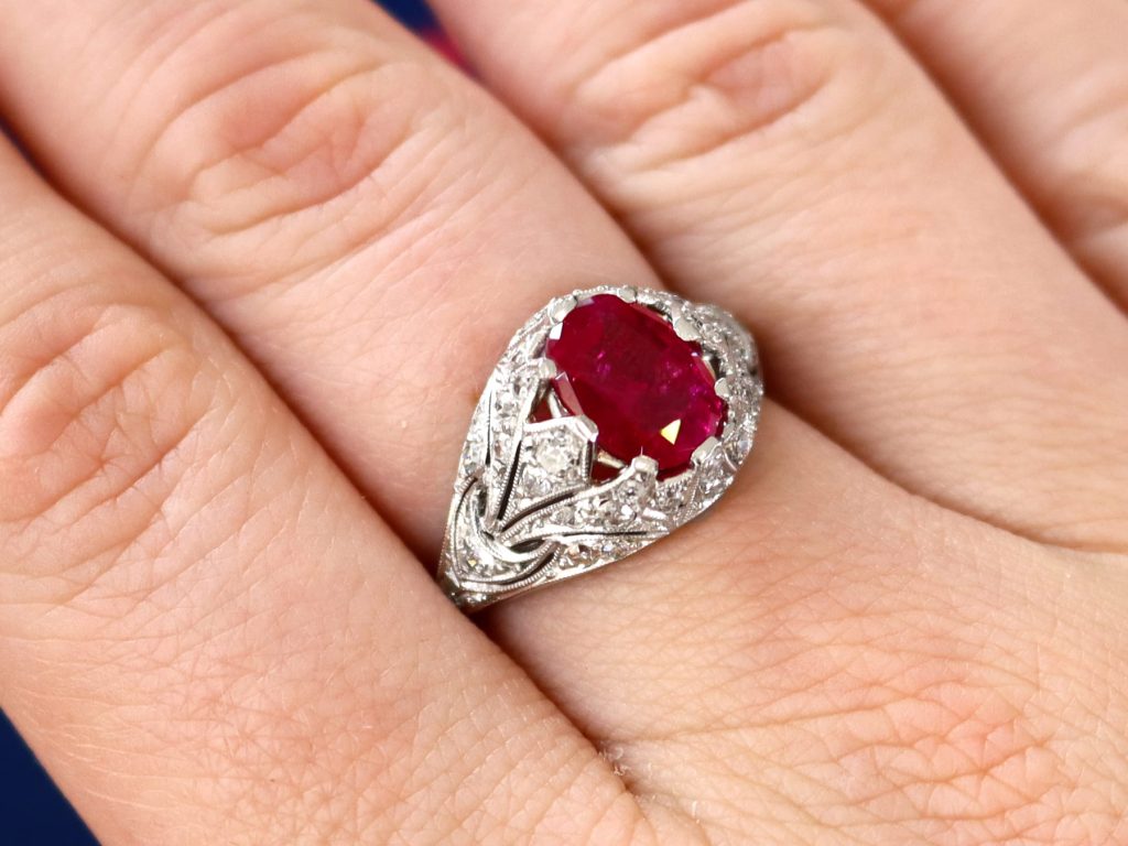 Burmese diamond ring on finger 
