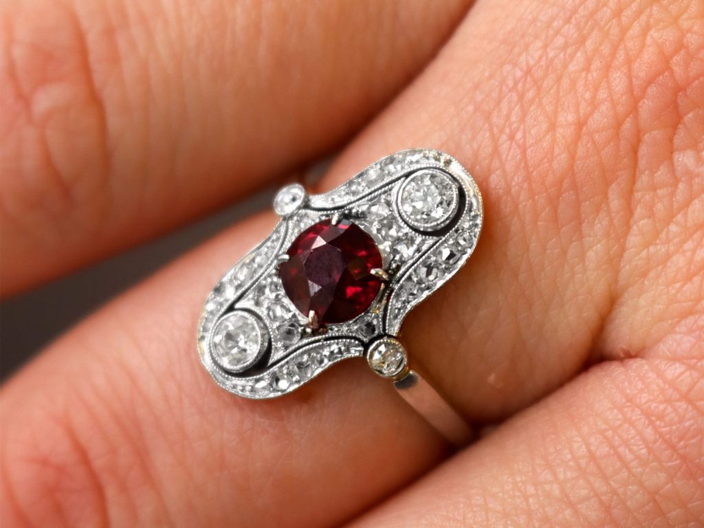 Edwardian ruby ring on finger 