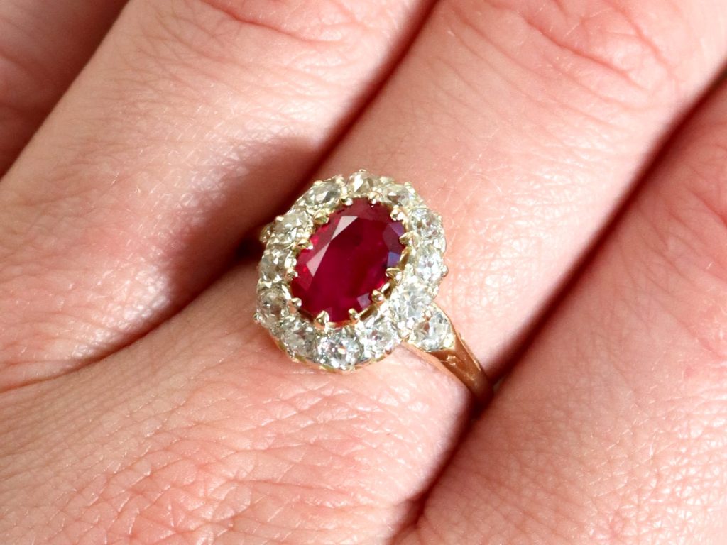Burmese ruby diamond ring on finger 