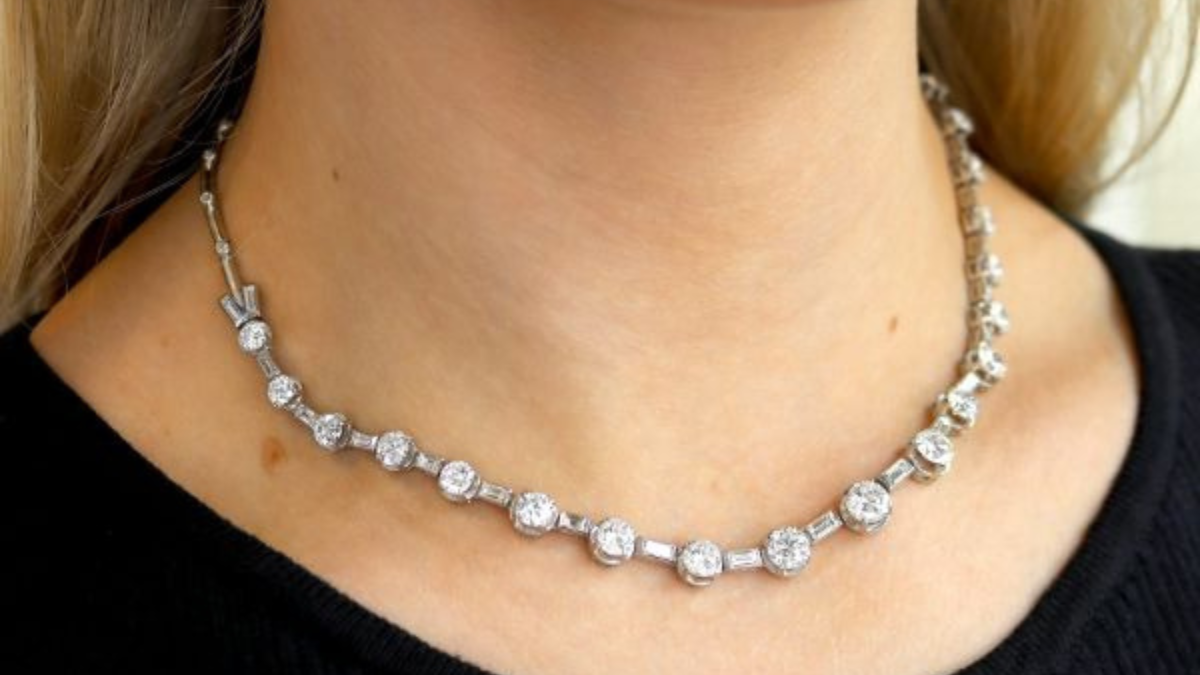 diamond necklace on neck