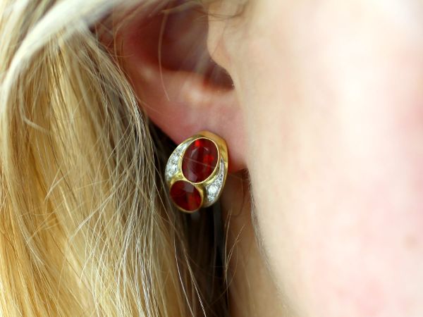 fire opal diamond and yellow gold earrings 